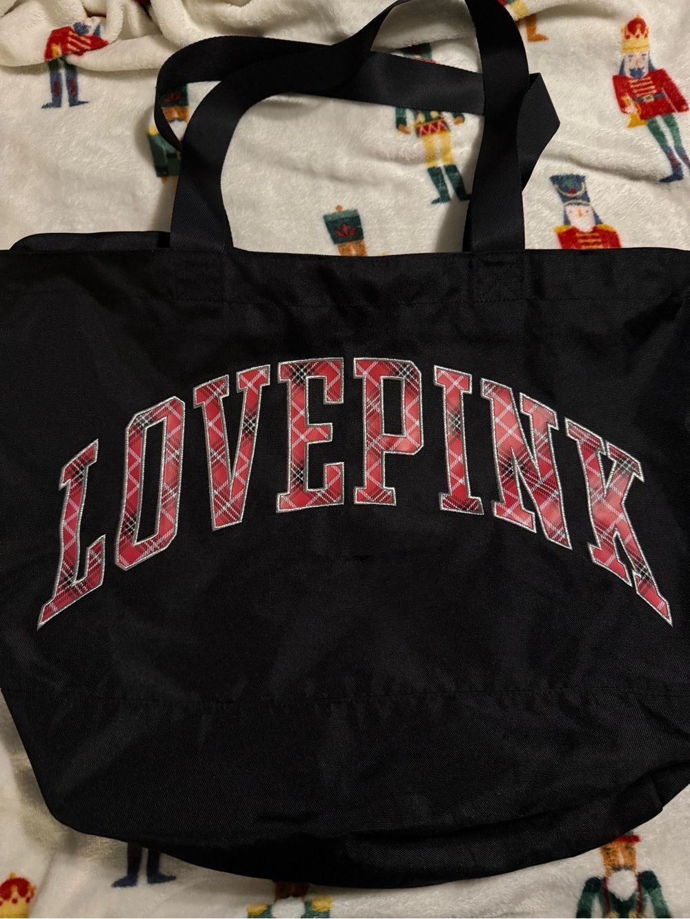 PINK Victoria's Secret Black Tote with Red Plaid LOVE PINK Graphic
